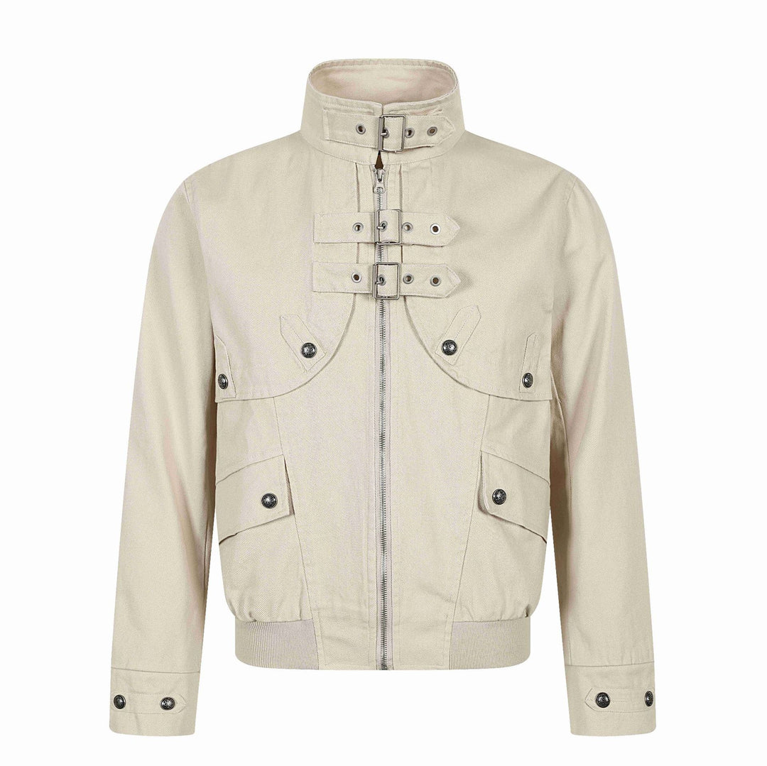 Unisex Short-cut Canvas Field Blouson with Buckle Placket, Utility Pockets and High Standing Collar Mune Fashion