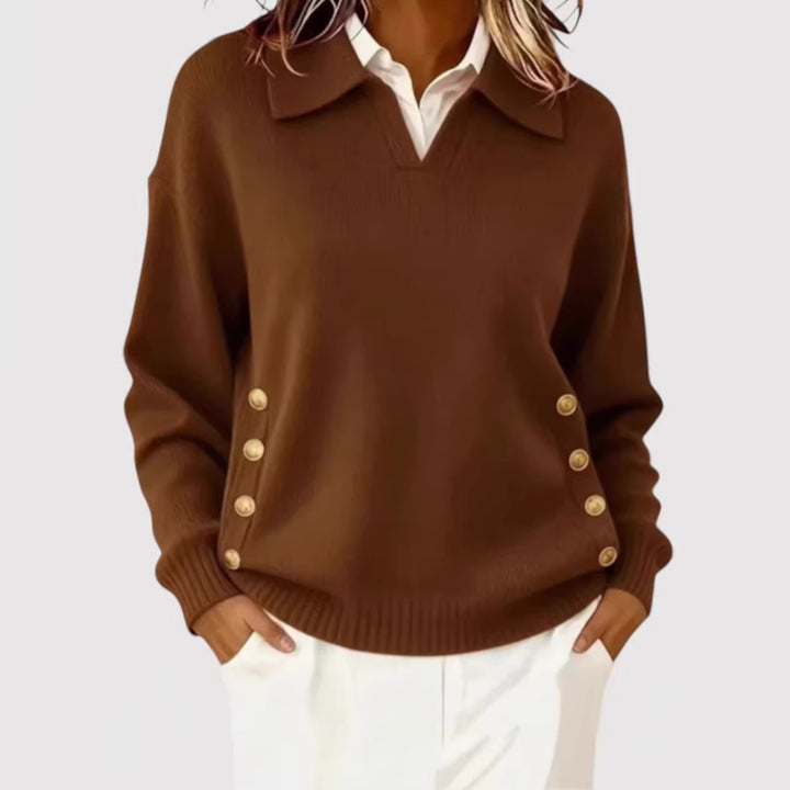 Women's Stylish Knitted Sweater with Collar and Button Details