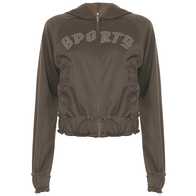 Women's tailored cropped hoodie with full zip, elastic hem, and decorative college print Mune Fashion