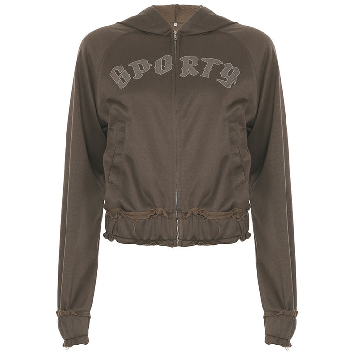 Women's tailored cropped hoodie with full zip, elastic hem, and decorative college print Mune Fashion