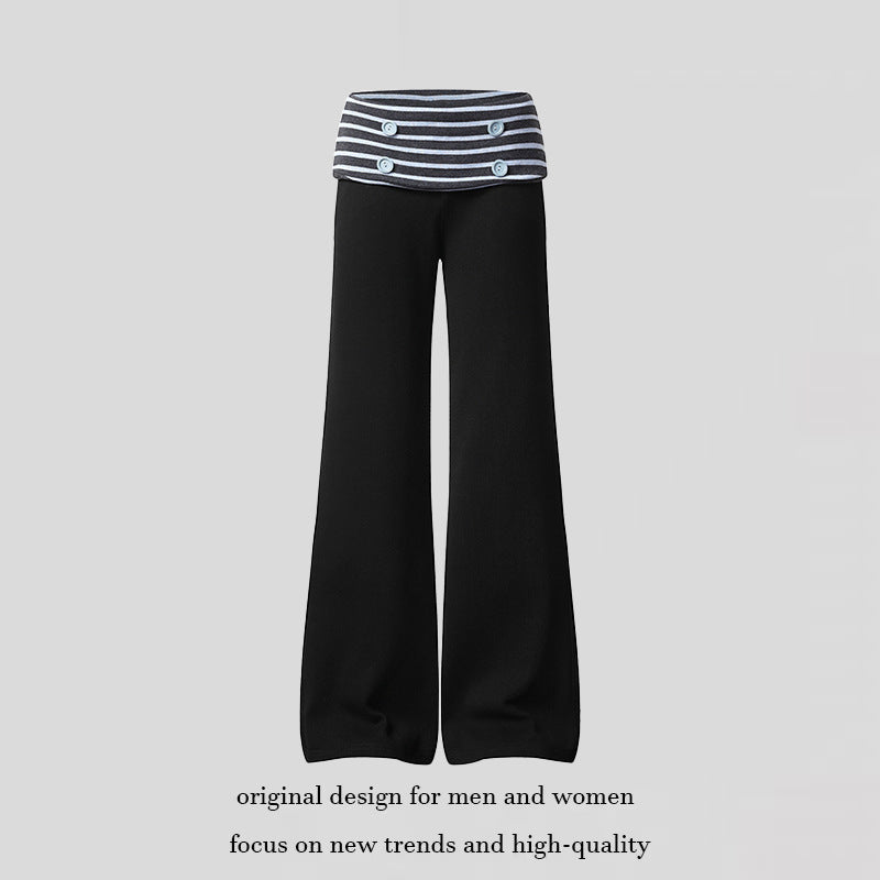 Women's Wide Loungewear Pants with Cuffable Striped Waistband and Decorative Buttons Mune Fashion