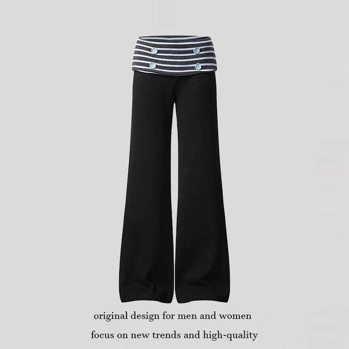 Women's Wide Loungewear Pants with Cuffable Striped Waistband and Decorative Buttons Mune Fashion
