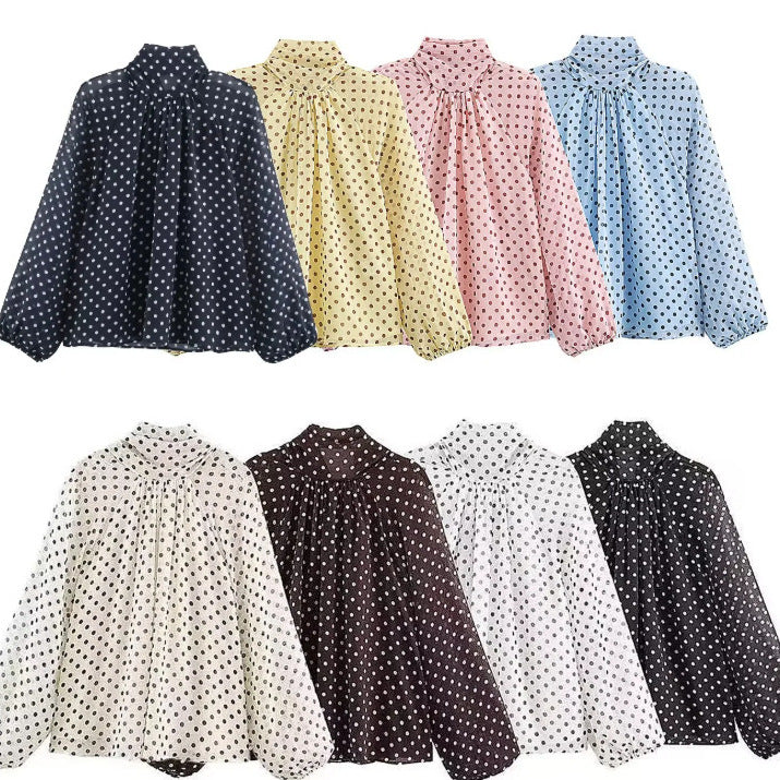 Ladies 100+ Chiffon blouse with bow collar, puff sleeves and polka dot print Mune Fashion