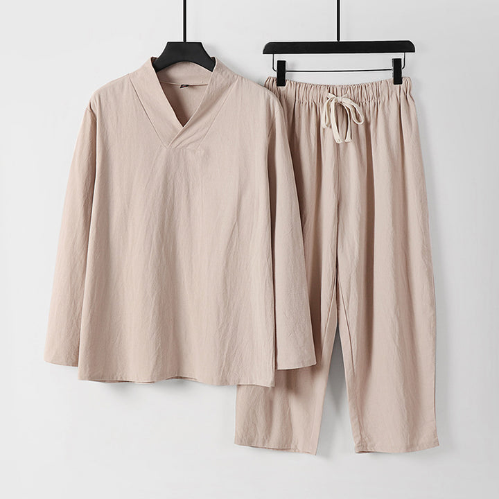 Men's Lightweight, Loose Lounge Set with V-Neck and Drawstring Mune Fashion