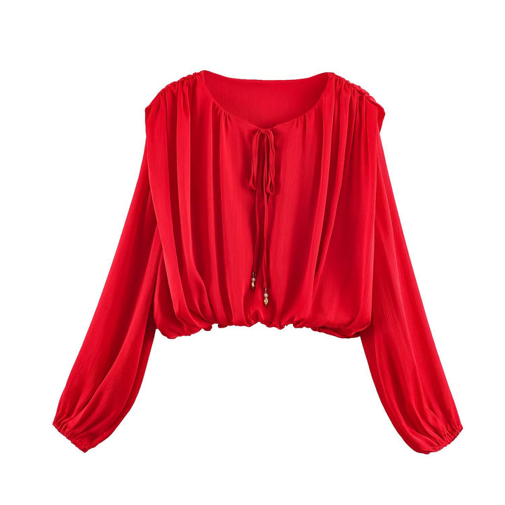 Women's airy Boho Carmen blouse with drawstring, wide balloon sleeves, and elastic hem Mune Fashion