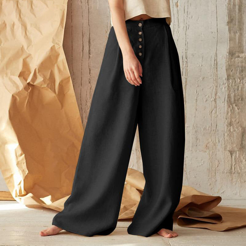 Women's wide linen pants with high waist and side pockets Mune Fashion