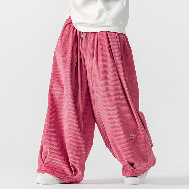 Men's Extra Wide Pleated Pants with Ribbed Texture and Drawstring Mune Fashion
