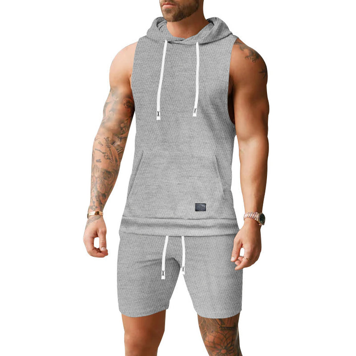 Men's sleeveless hoodie vest set made of textured cotton blend with kangaroo pocket and drawstring shorts Mune Fashion