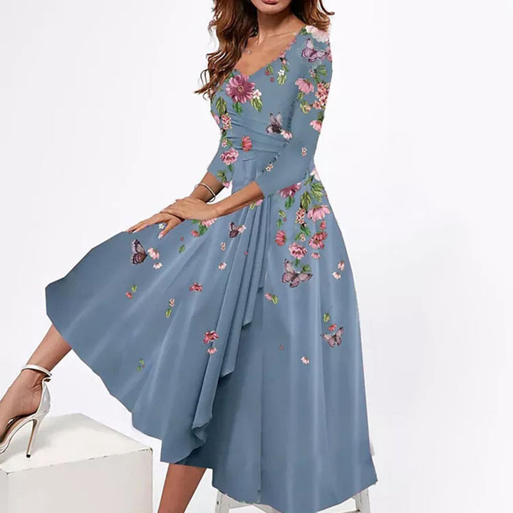 Women's wrap midi dress with floral print, asymmetric tiered skirt and fitted tie belt Mune Fashion