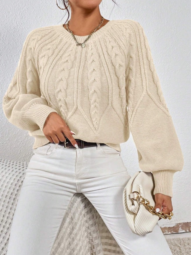 Women's short cable knit sweater with balloon sleeves and ribbed hem Mune Fashion