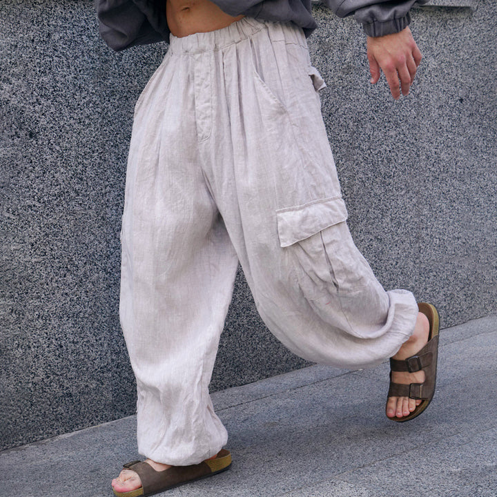 Men's Wide Linen Cargo Pants with Elastic Waistband, Pleats and Patch Side Pocket Mune Fashion