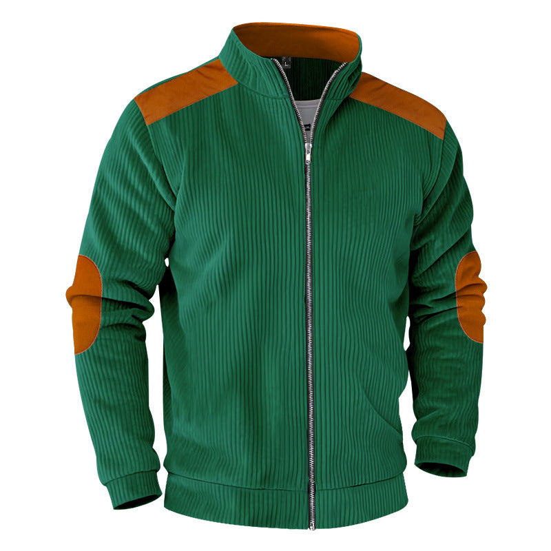 Men's ribbed stand-up collar sweat jacket with full zip, shoulder and elbow patches Mune Fashion