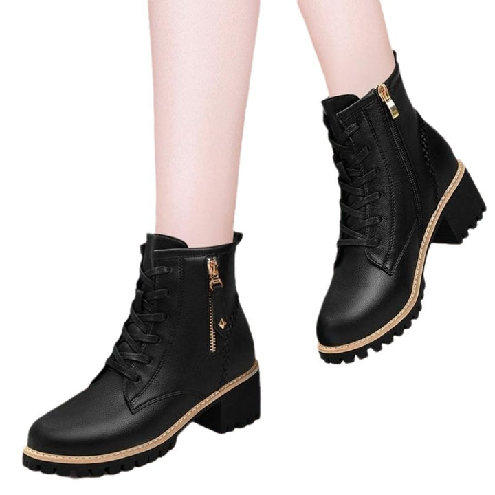 Women's lace-up ankle boots in leather look with block heel, tread sole, and side zipper Mune Fashion