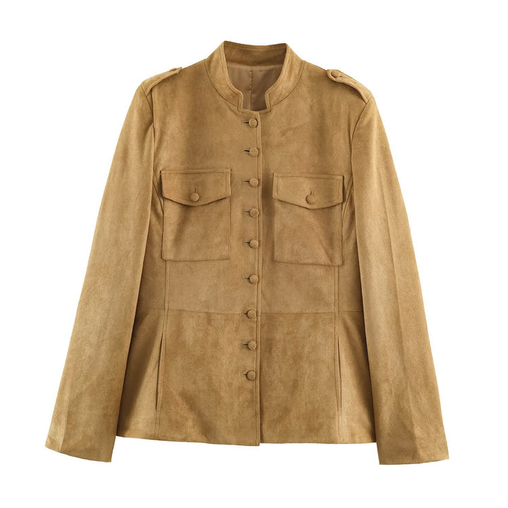 Women's Tailored Velour Jacket in Field Style with Stand-Up Collar and Chest Flaps Mune Fashion