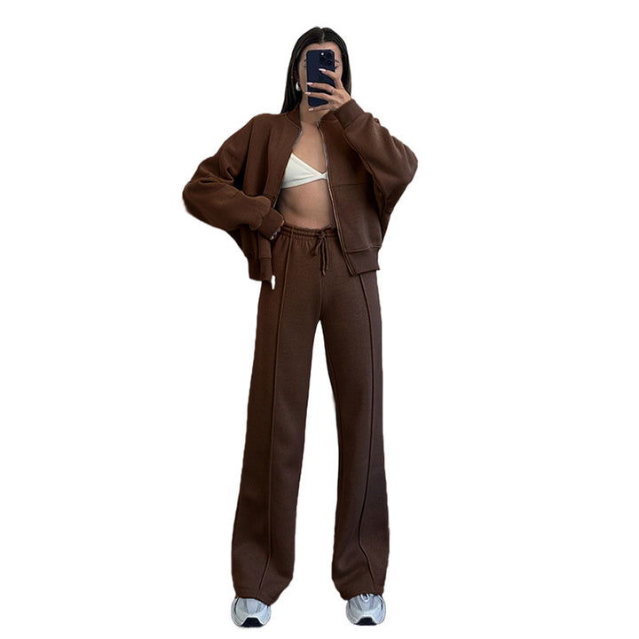 Women's Oversized Zip-Hoodie Set with Cropped Top and Wide Seam Sweatpants Mune Fashion