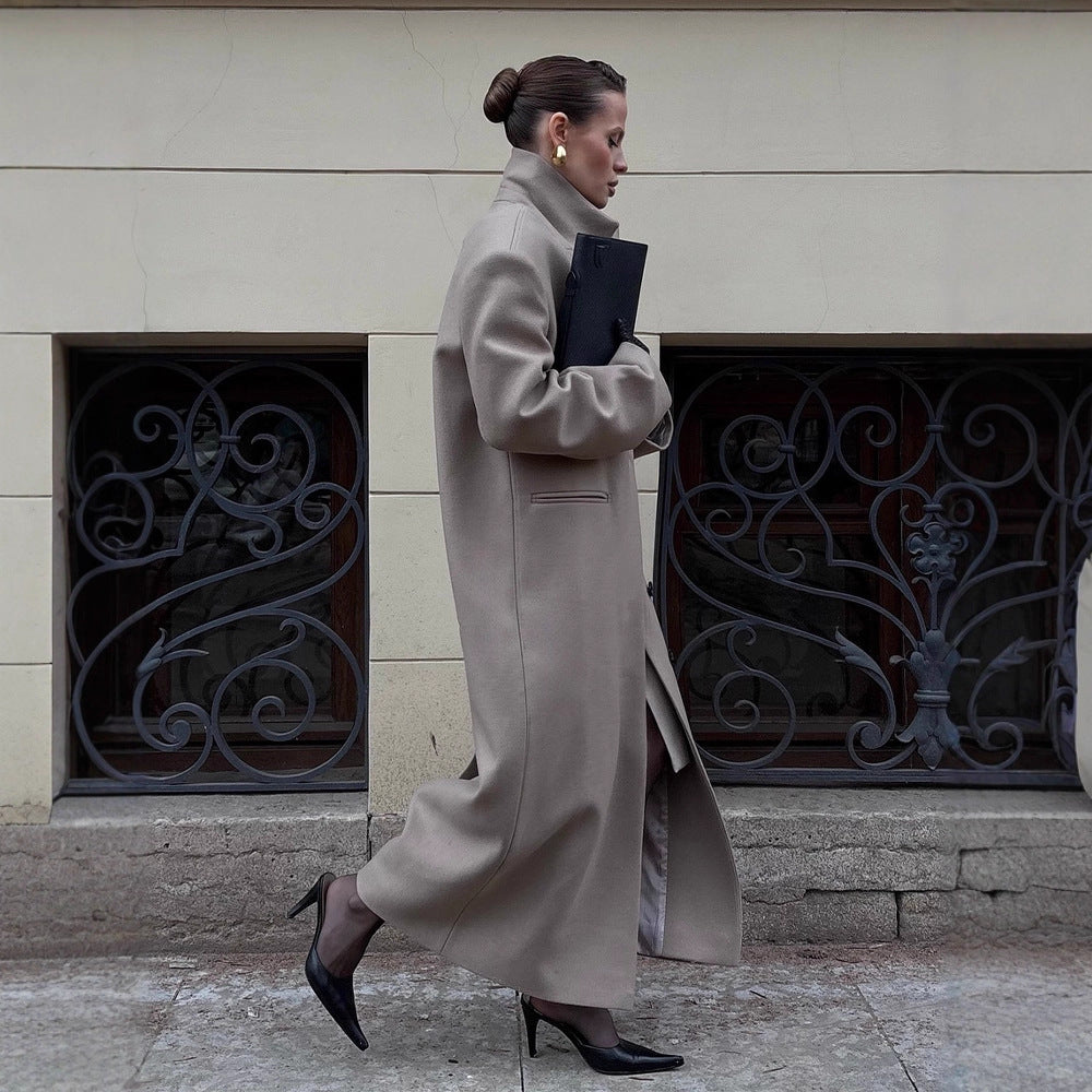 Women Maxilength Clean-Cut Wool Blend Coat with Oversized Lapels and Straight Silhouette Mune Fashion