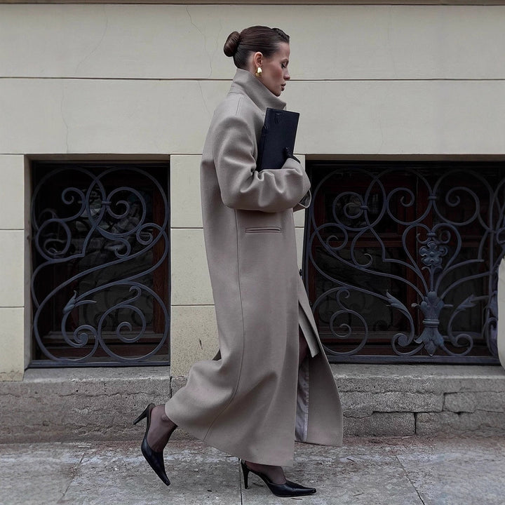 Women Maxilength Clean-Cut Wool Blend Coat with Oversized Lapels and Straight Silhouette Mune Fashion