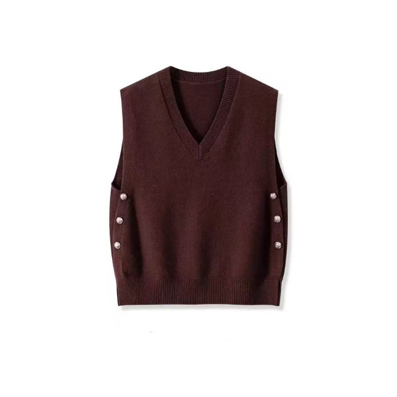 Women’s Sleeveless Fine Knit Vest with V-Neck and Side Button Placket Mune Fashion