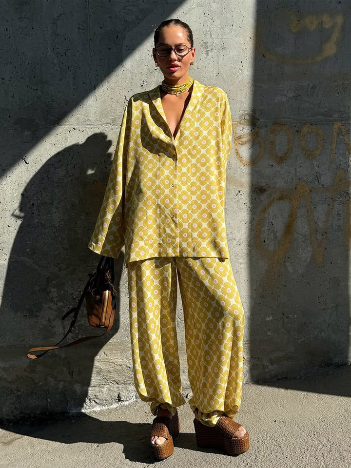 Women's Loose Lounge Two-Piece with Shirt Blouse and Balloon Pants Mune Fashion