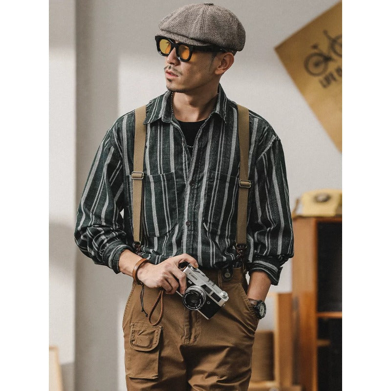 Men Striped Overshirt-Shirt made of Cotton-Linen with Chest Pockets Mune Fashion