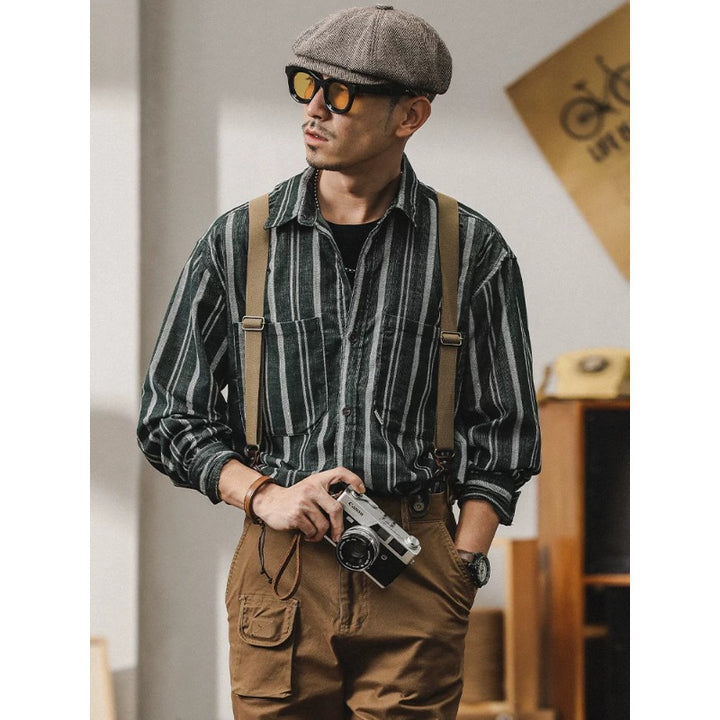 Men Striped Overshirt-Shirt made of Cotton-Linen with Chest Pockets Mune Fashion