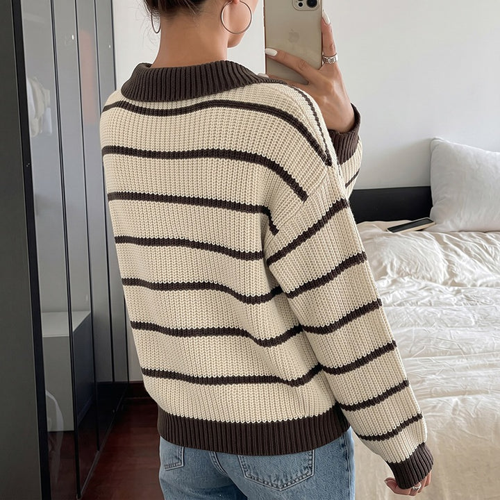 Ladies Fashionable Knit Sweater with Collar and Block Stripes Mune Fashion