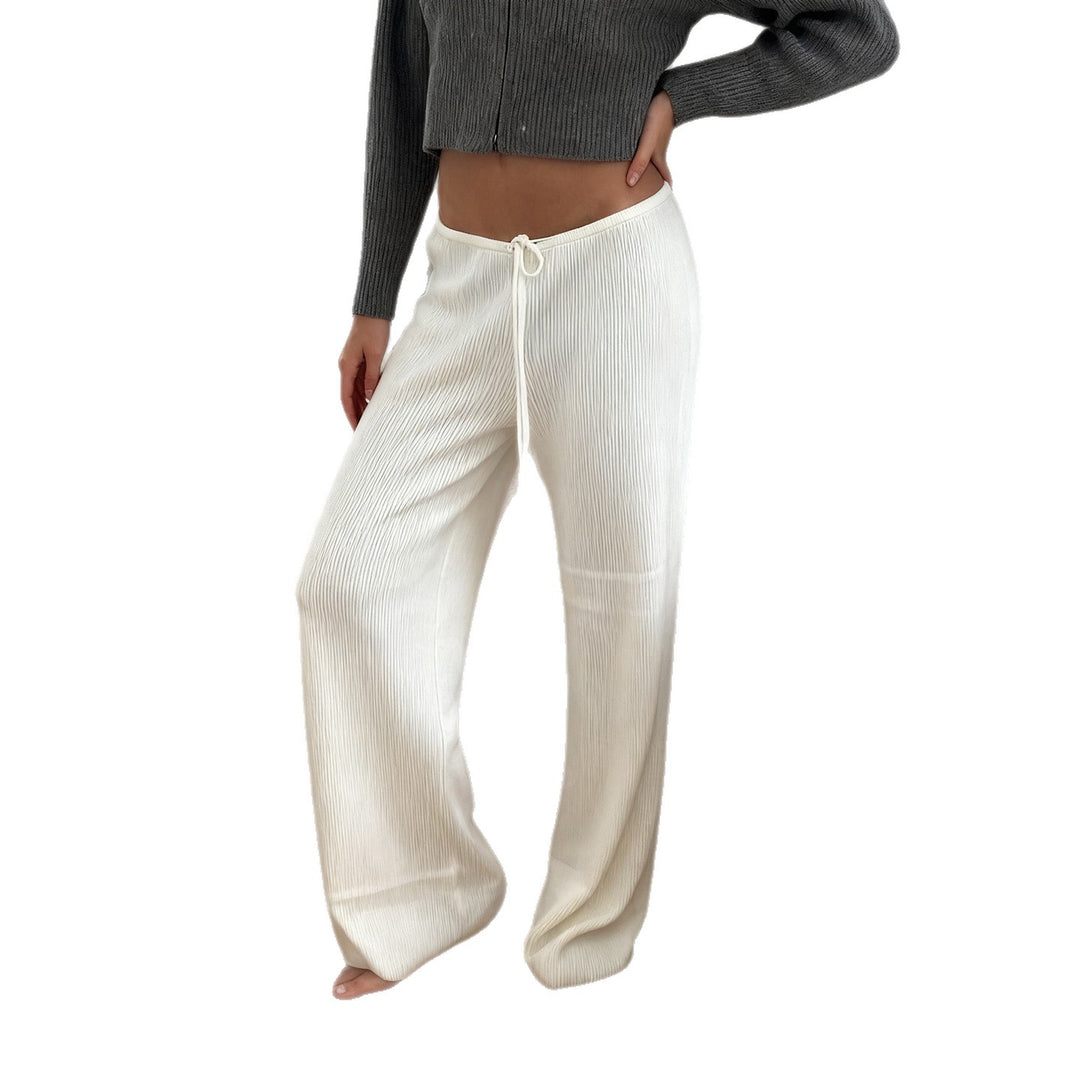 Women's casual lounge pants with wide leg, elastic drawstring waistband and fine ribbed knit Mune Fashion