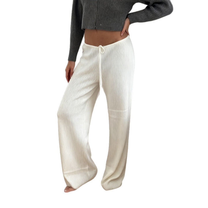 Women's casual lounge pants with wide leg, elastic drawstring waistband and fine ribbed knit Mune Fashion