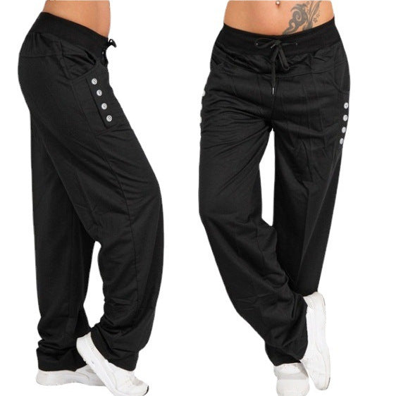 Women's wide leisure harem pants with drawstring and decorative button plackets Mune Fashion
