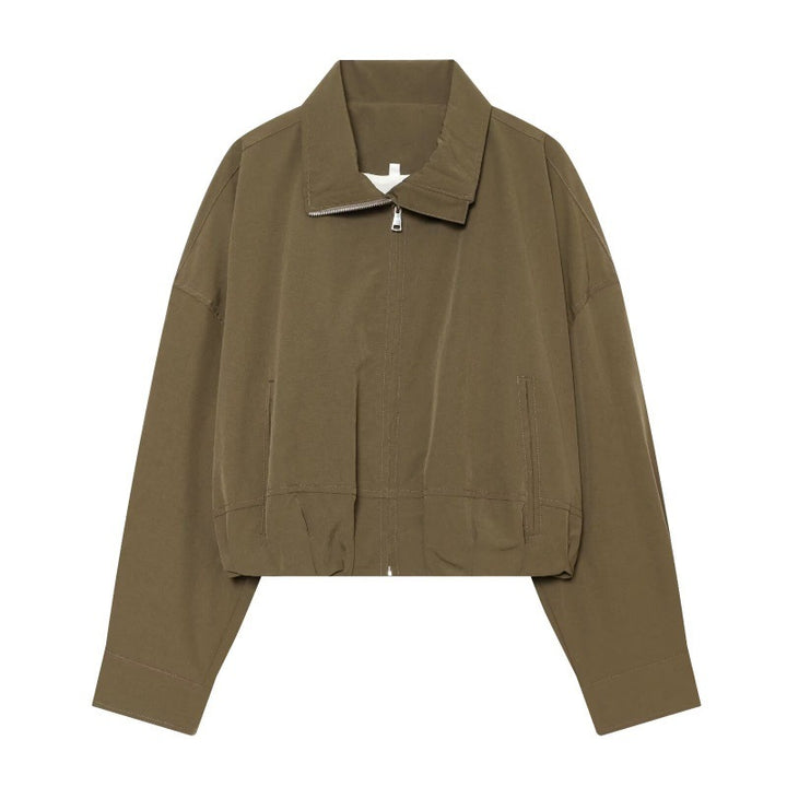 Women Cropped Boxy Jacket with Zipper, Stand-Up Collar and Elastic Hem Mune Fashion