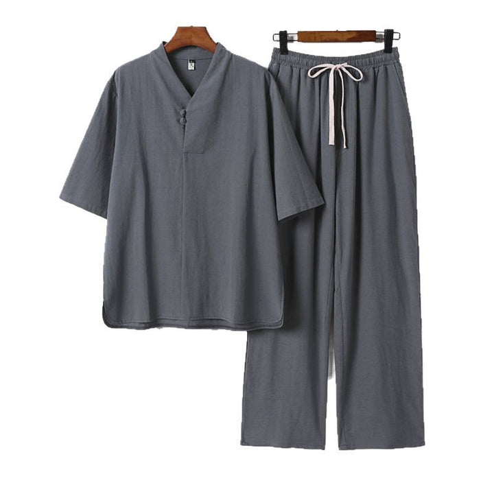Men's Two-Piece Lightweight Loungewear Set with Stand Collar Short Sleeve Shirt and Drawstring Pants Mune Fashion