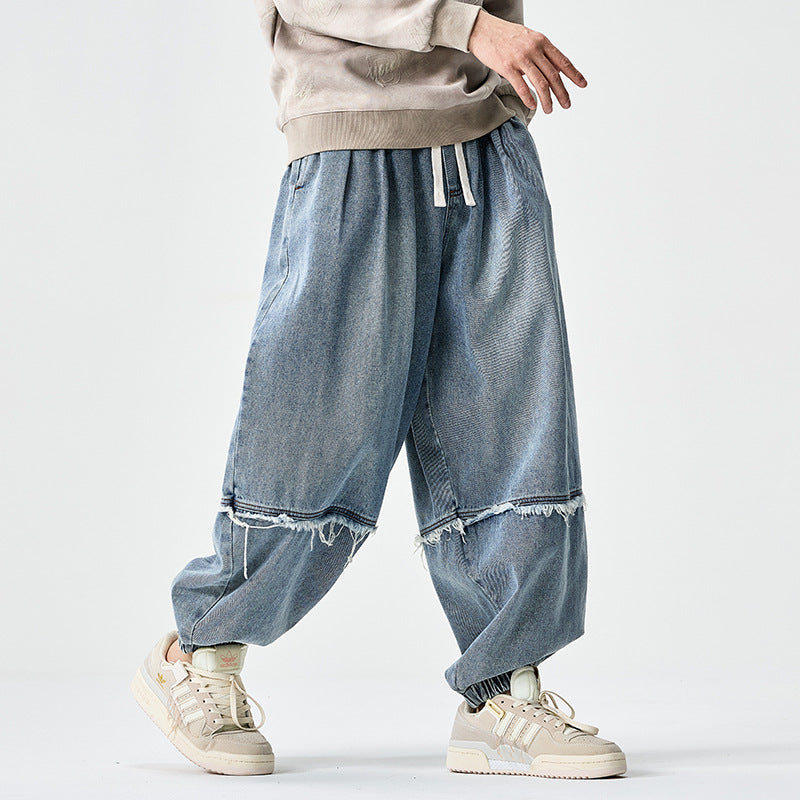 Men Wide-cut Baggy Denim Pants with Drawstring, Elastic Leg Openings and Fringed Detail Mune Fashion