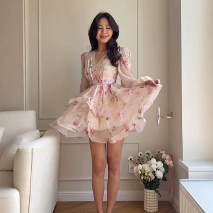Women's Floral Chiffon Mini Dress with V-Neck, Ruched Waist and Layered Ruffle Skirt Mune Fashion