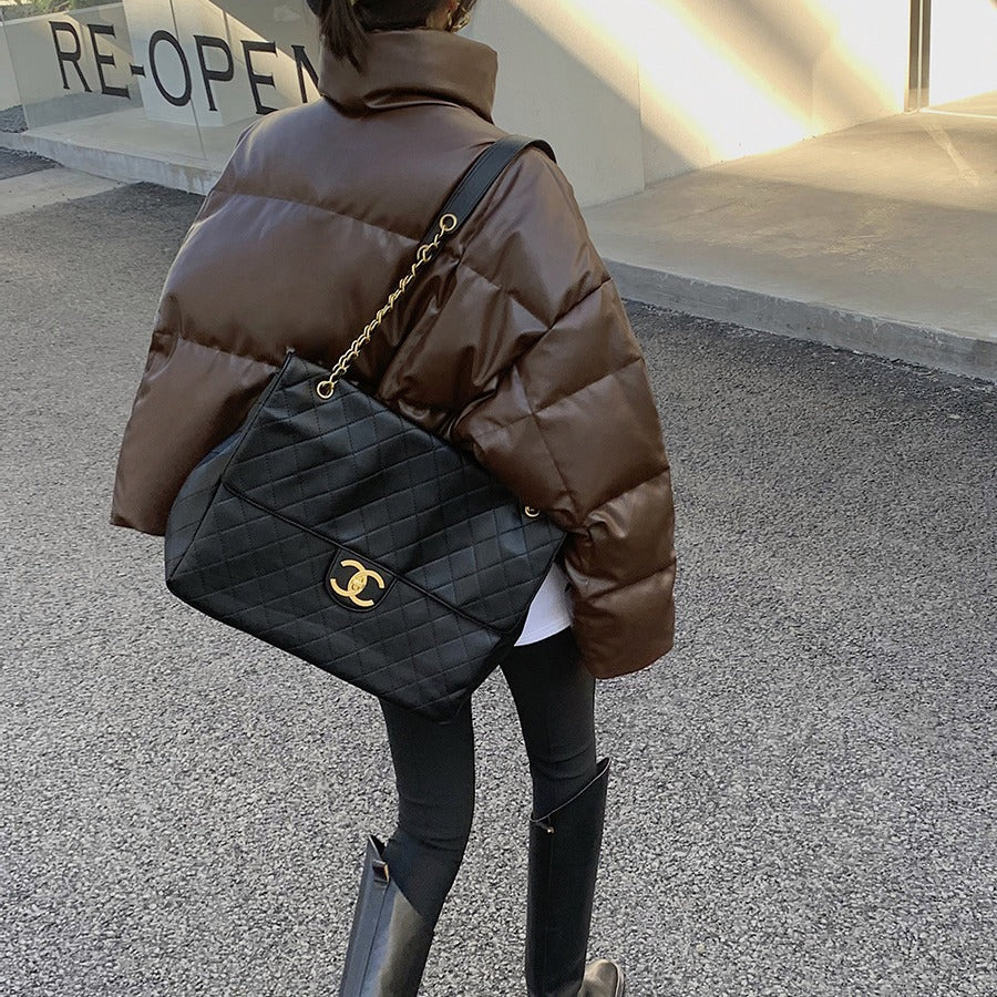 Women Fashionable Leather Down Jacket Mune Fashion