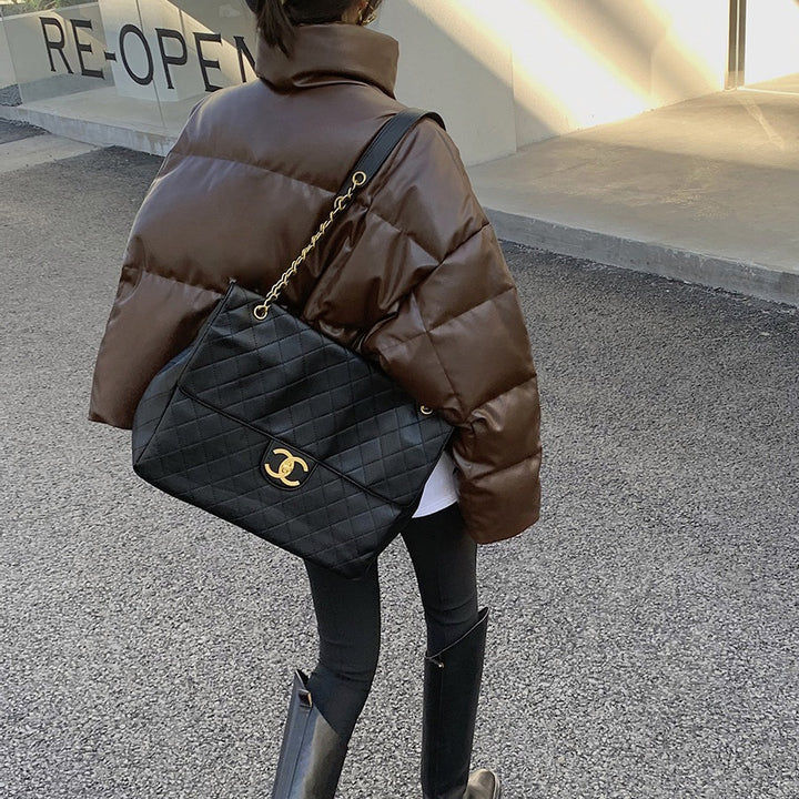 Women Fashionable Leather Down Jacket Mune Fashion