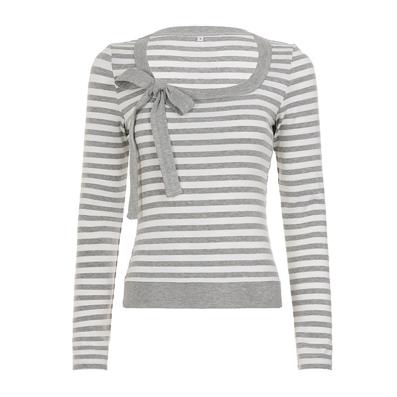 Ladies Striped Fine Knit Sweater with Bow Detail Mune Fashion