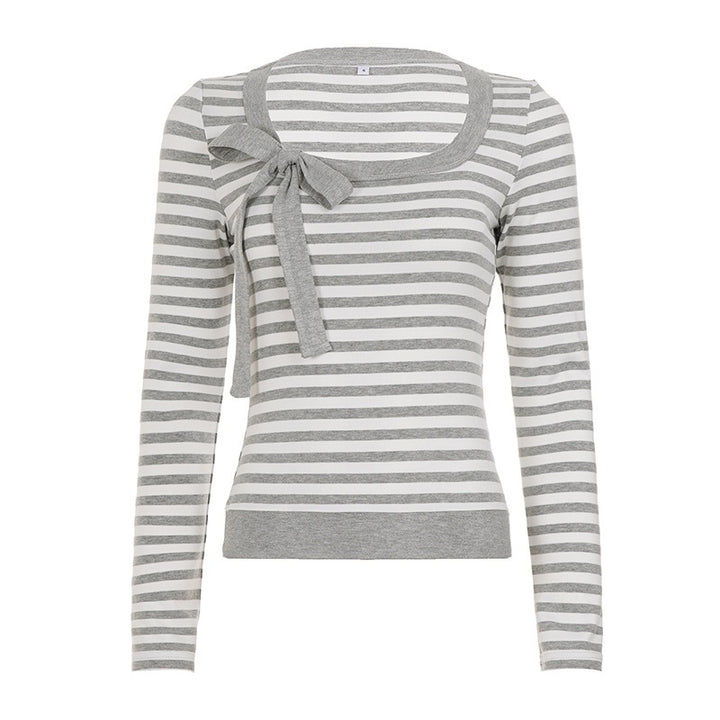 Ladies Striped Fine Knit Sweater with Bow Detail Mune Fashion