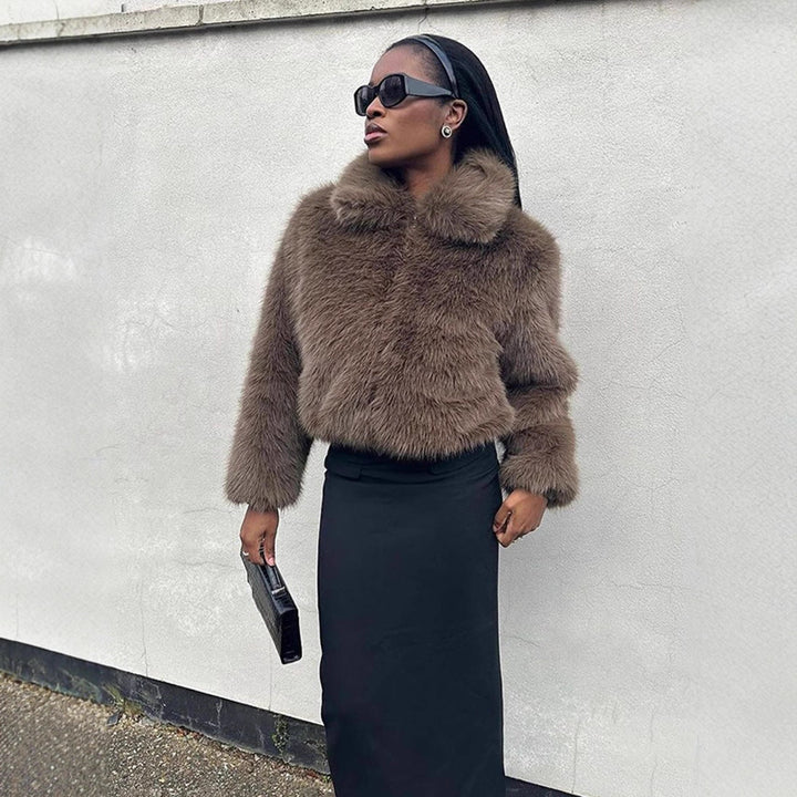 Women Short Boxy Faux Fur Blouson with Voluminous Shawl Collar and Lined Interior Mune Fashion