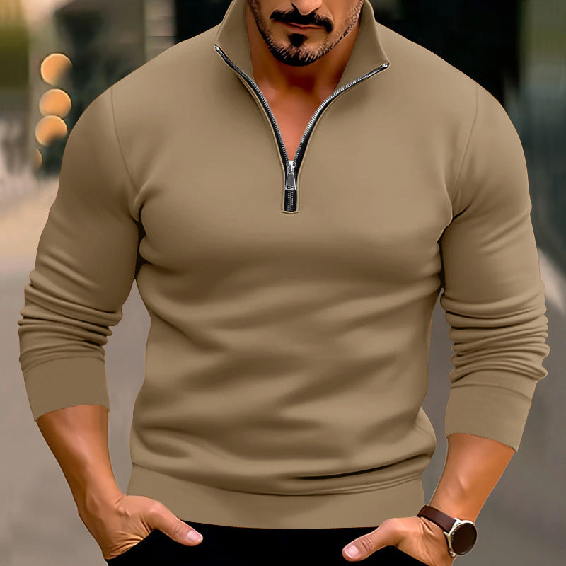 Men's fitted fine knit pullover with short zipper and stand-up collar Mune Fashion