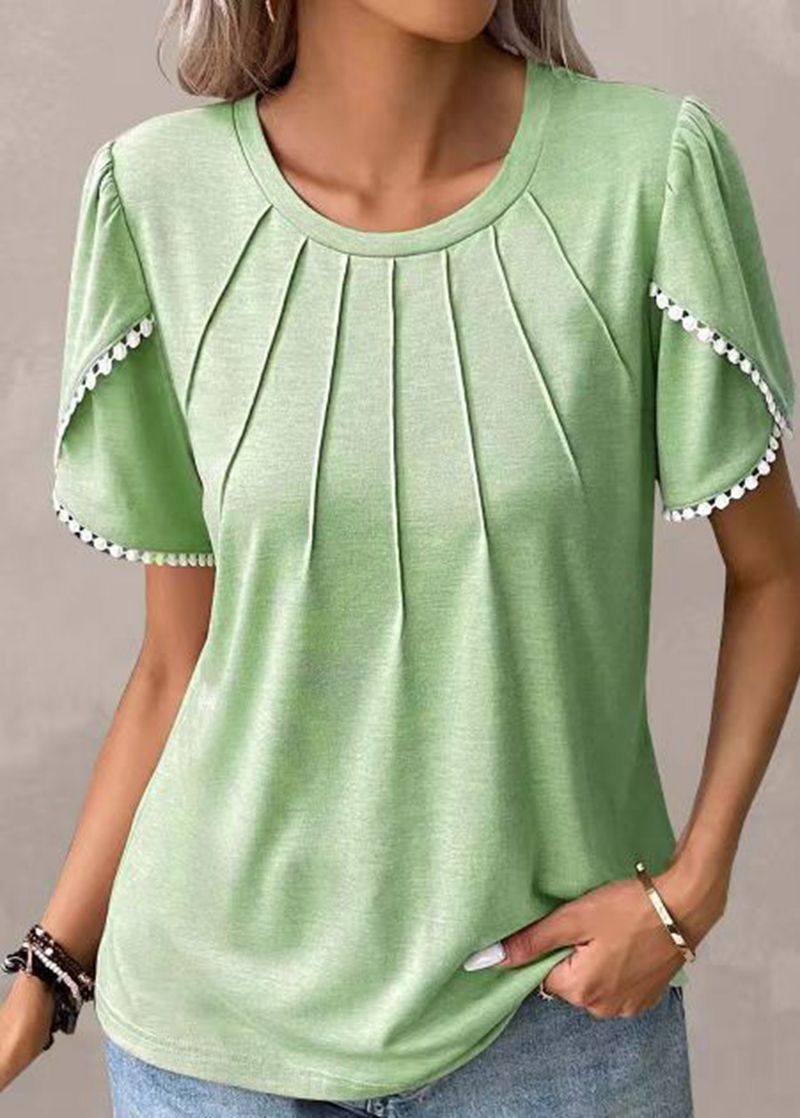 Women's round neck shirt with decorative pleated front, flutter sleeves and pompom trim Mune Fashion