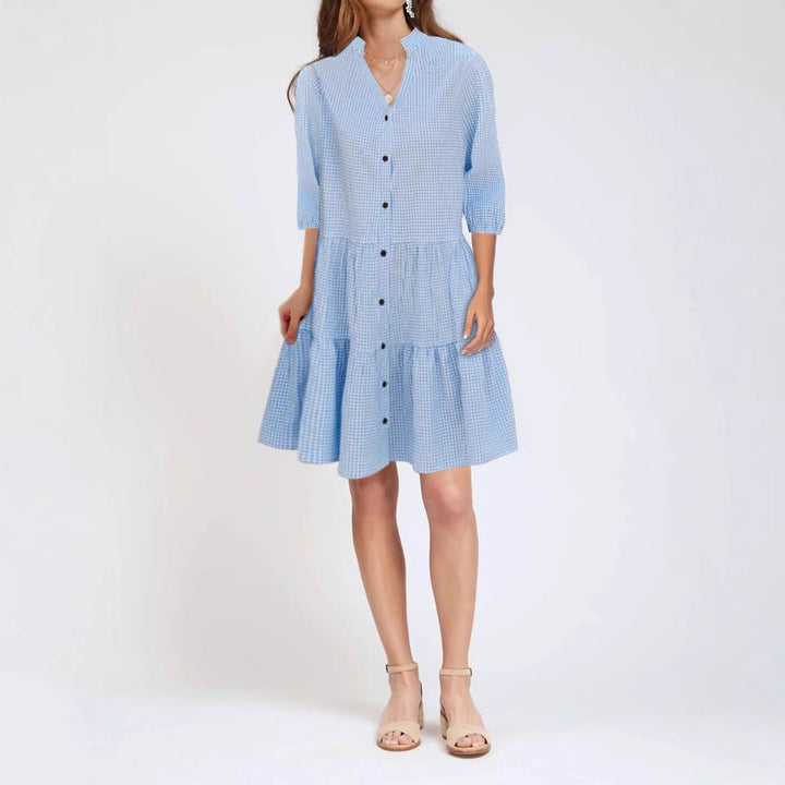 Women's Loose Tiered Shirt Dress with Standing Collar and Full Button Placket Mune Fashion