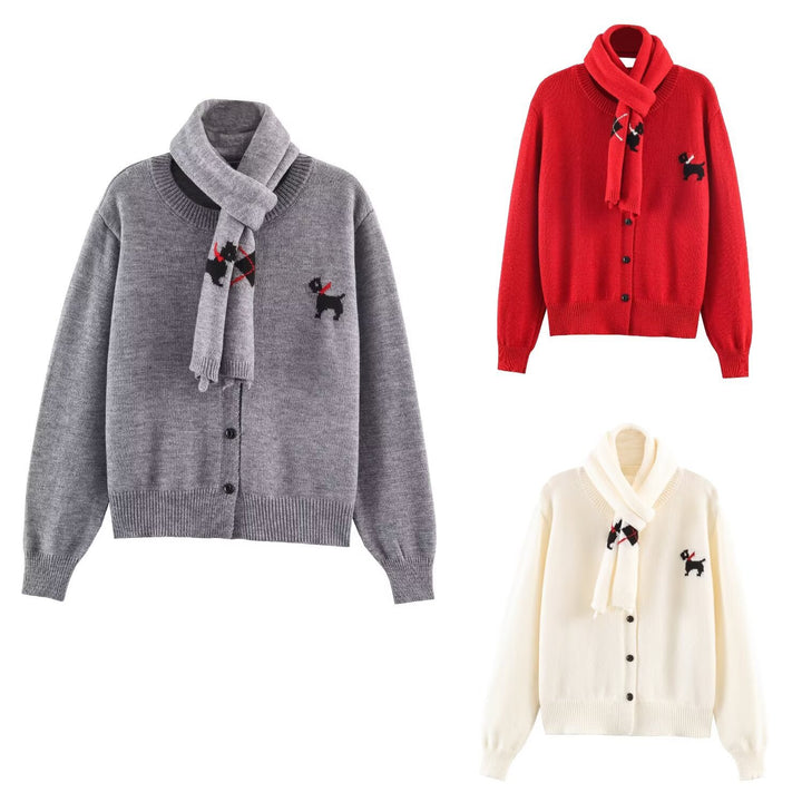 Women's Knitted Short Jacket with Integrated Scarf and Dog Intarsia Mune Fashion