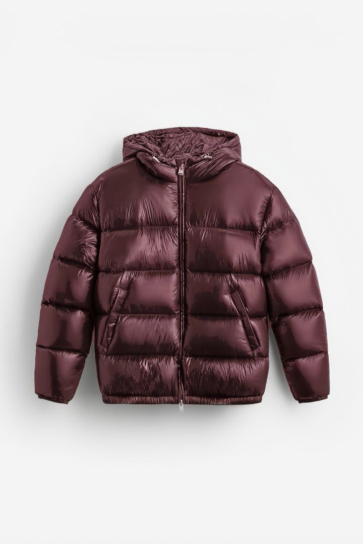 Women nan shiny quilted jacket with hood padded thermal filling and straight comfort cut Mune Fashion