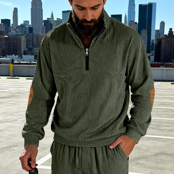Men's cord structure half-zip pullover in relaxed fit with stand-up collar and elbow patch Mune Fashion