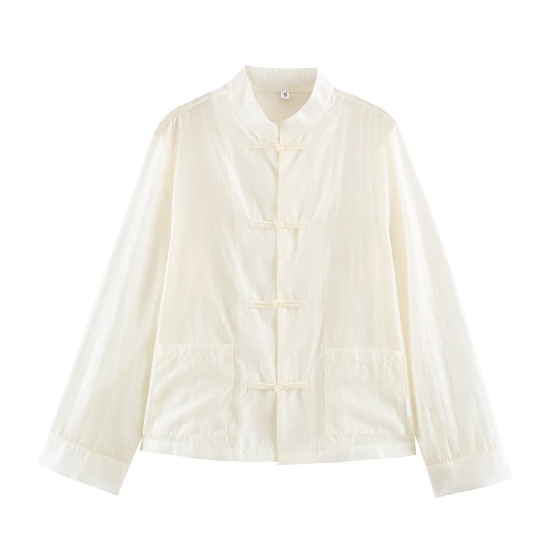 Women's Lightweight Chinese-Inspired Oversized Jacket with Mandarin Collar and Knot Closures Mune Fashion