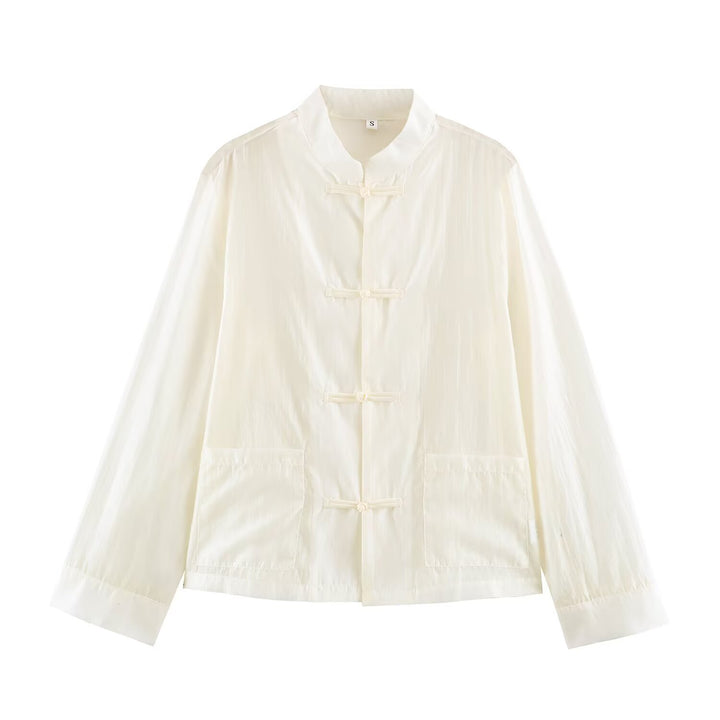 Women's Lightweight Chinese-Inspired Oversized Jacket with Mandarin Collar and Knot Closures Mune Fashion
