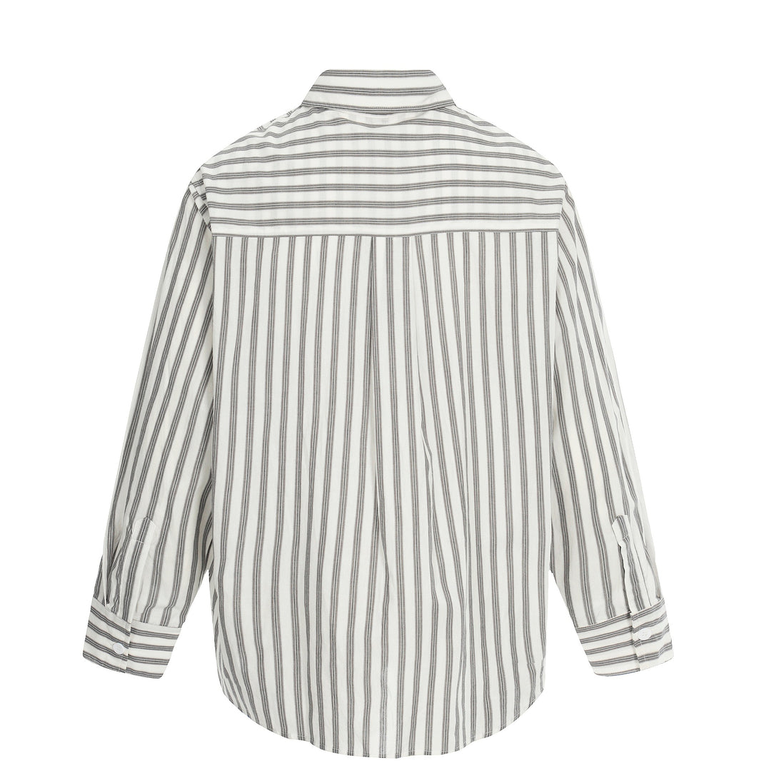 Women Oversize Shirt with Vertical Stripes, Tie Print and Vintage Inscription Mune Fashion