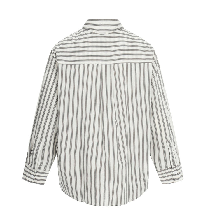 Women Oversize Shirt with Vertical Stripes, Tie Print and Vintage Inscription Mune Fashion