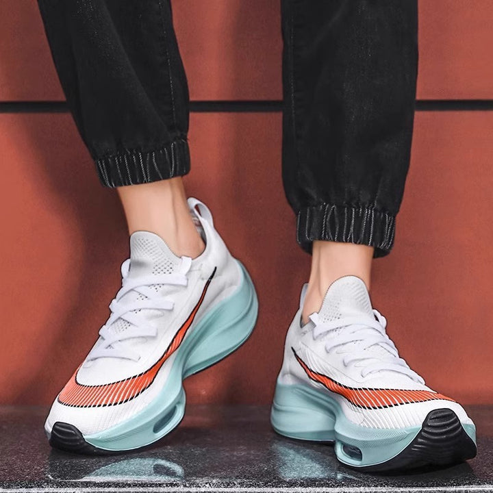 Unisex responsive plateau cushioning running shoes with knitted sock entry and visible air chamber Mune Fashion