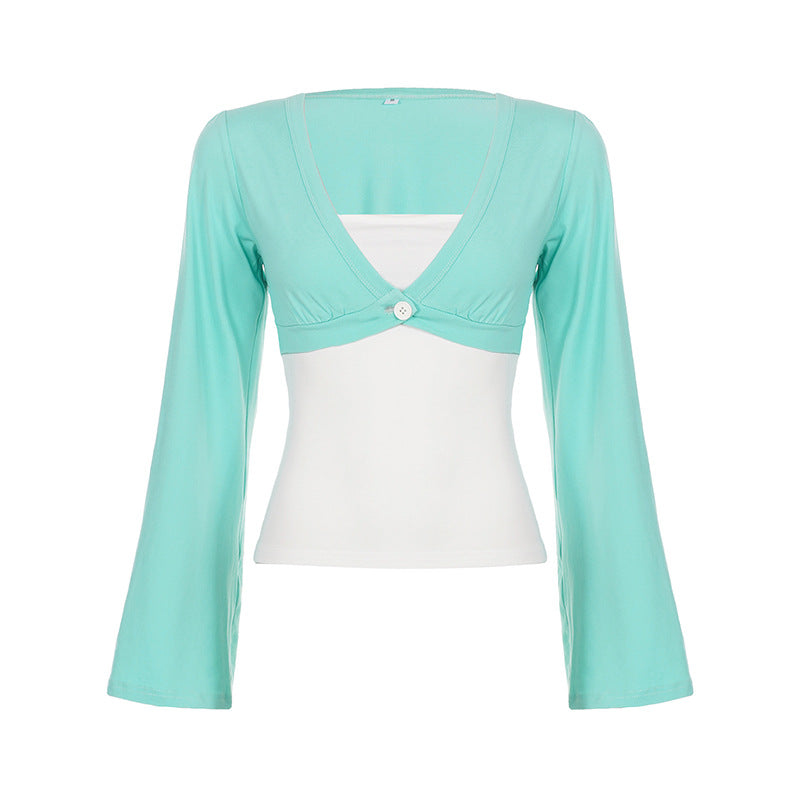 Women's Nan Bolero Overlay Top with Deep V-Neck, Flared Trumpet Sleeves and Integrated Camisole Mune Fashion